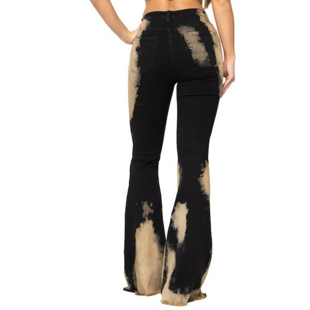 Tie-dyed Bleached Flare leg Jeans High Rise Hippie Gypsy Boho Festival Denim New - Picture 11 of 12